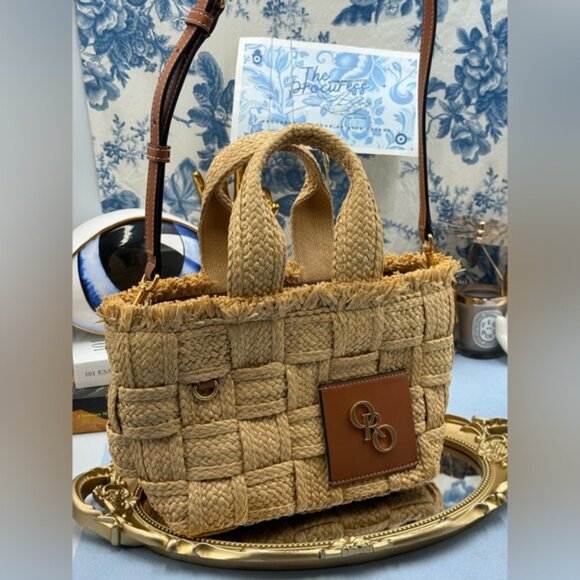 🆕 OROTON 🧿 NWOT Calypso Small Woven Straw Crossbody Tote, Natural & Saddle - Picture 3 of 16